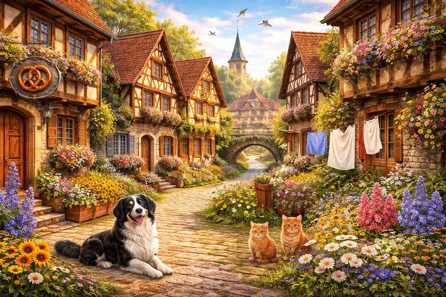 Krásná vesnice s květinami a zvířaty online puzzle