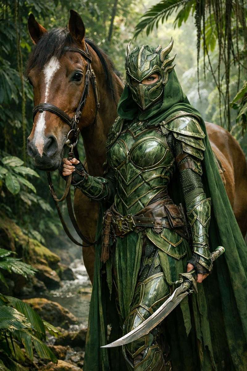 Elven female warrior in green Armour jigsaw puzzle online