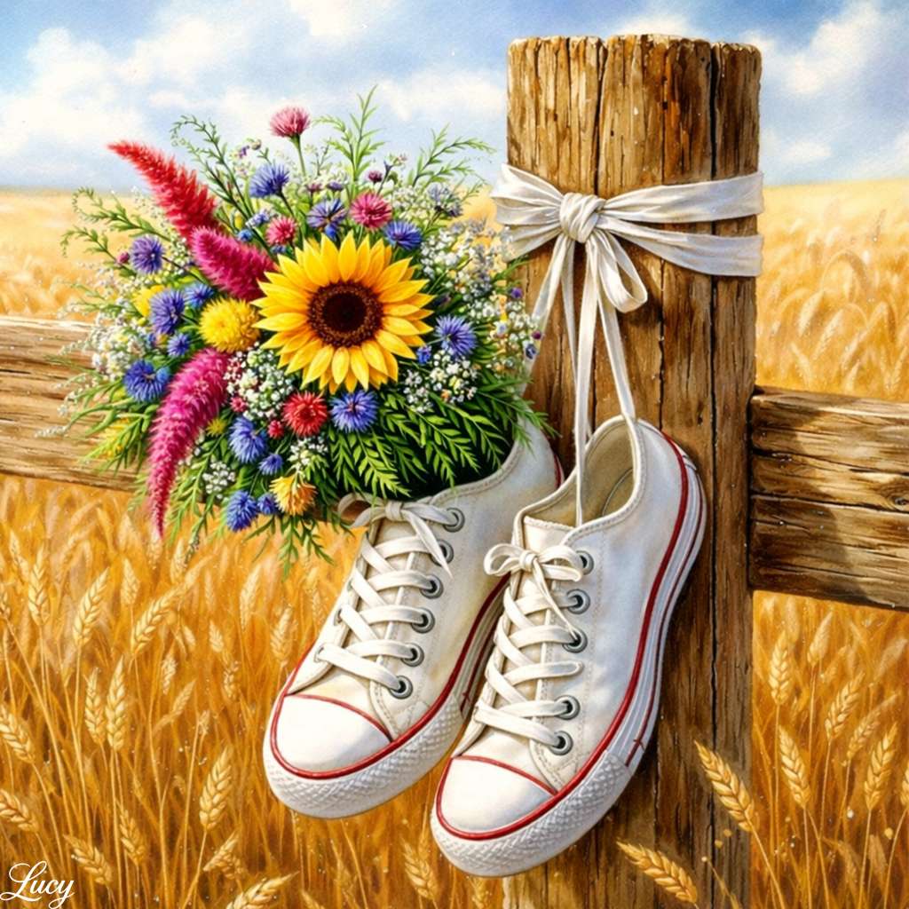 Adidași cu flori în câmp de grâu puzzle online