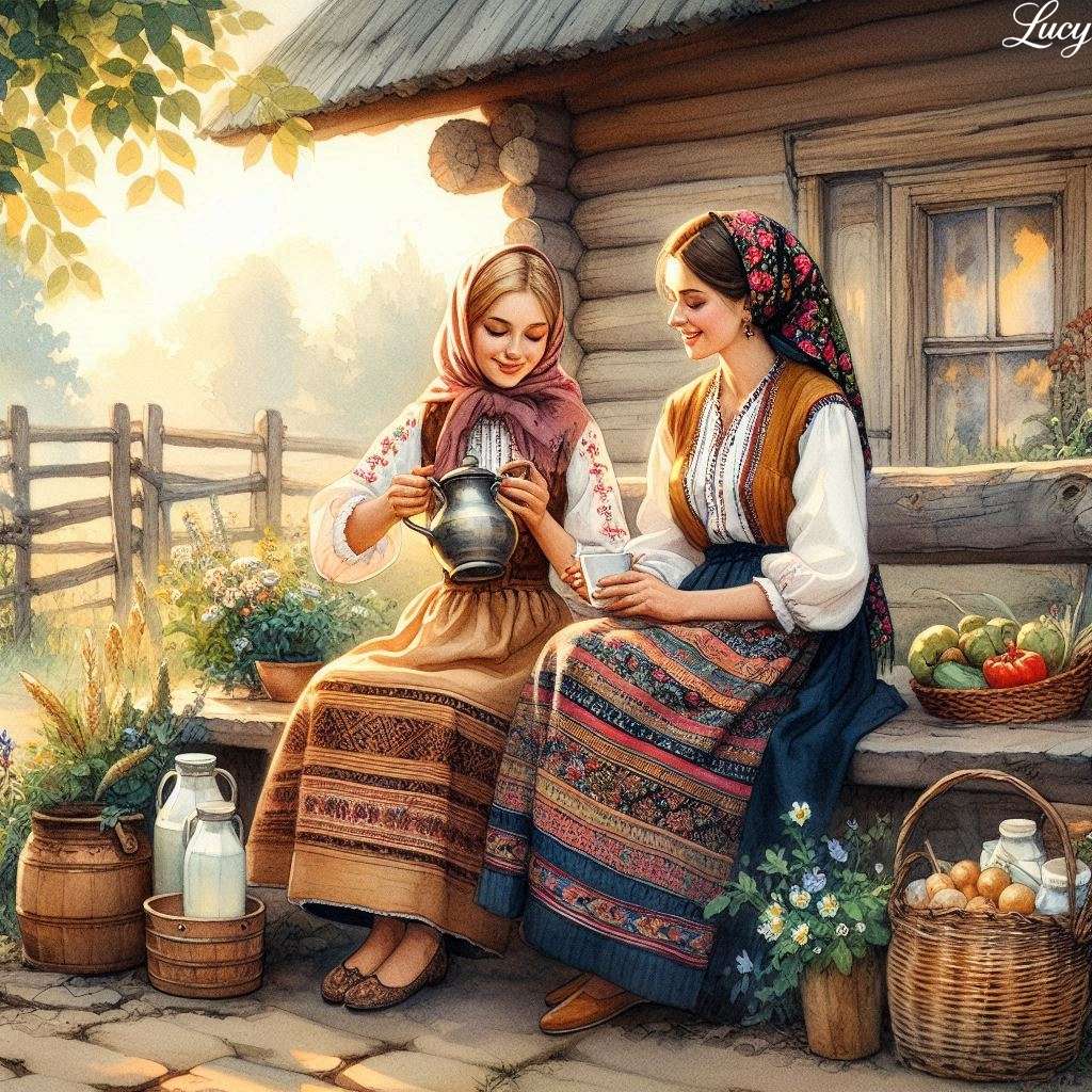 Frauen sitzen auf einer rustikalen Holzbank Online-Puzzle