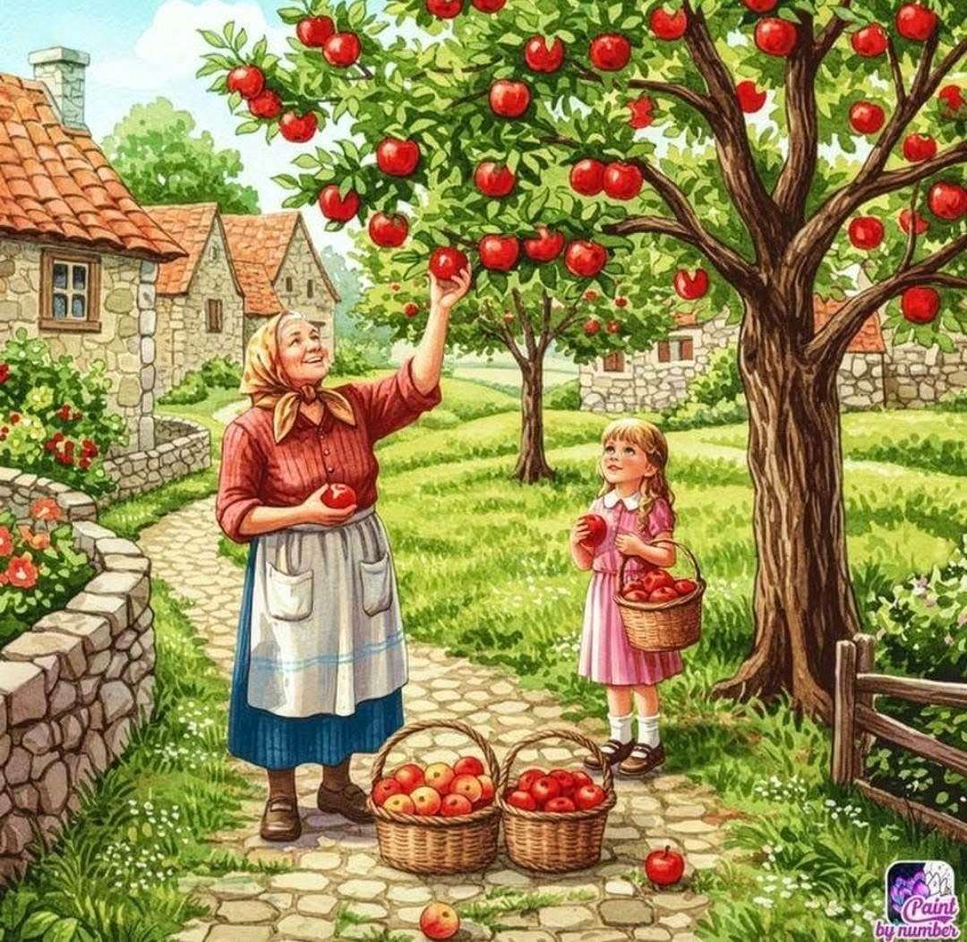 Großmutter und Enkelin pflücken Äpfel Online-Puzzle