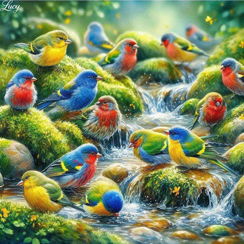 Pequeños pájaros coloridos reunidos rompecabezas en línea
