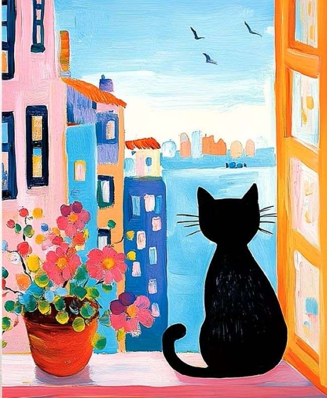 chat noir sur le rebord de la fenêtre puzzle en ligne