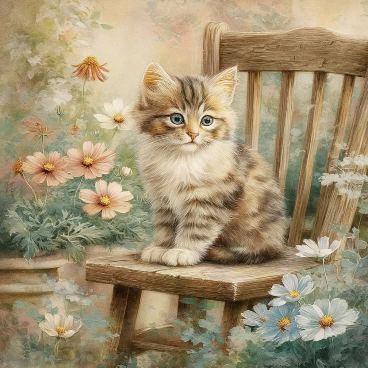 gatito en una silla en el jardín rompecabezas en línea