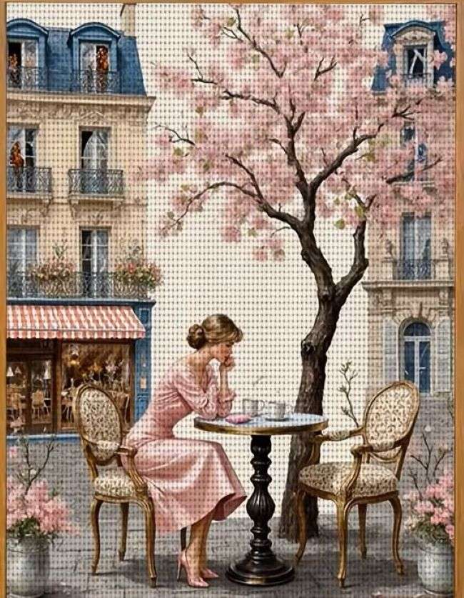 eine Tasse Kaffee unter einem blühenden Baum Puzzlespiel online