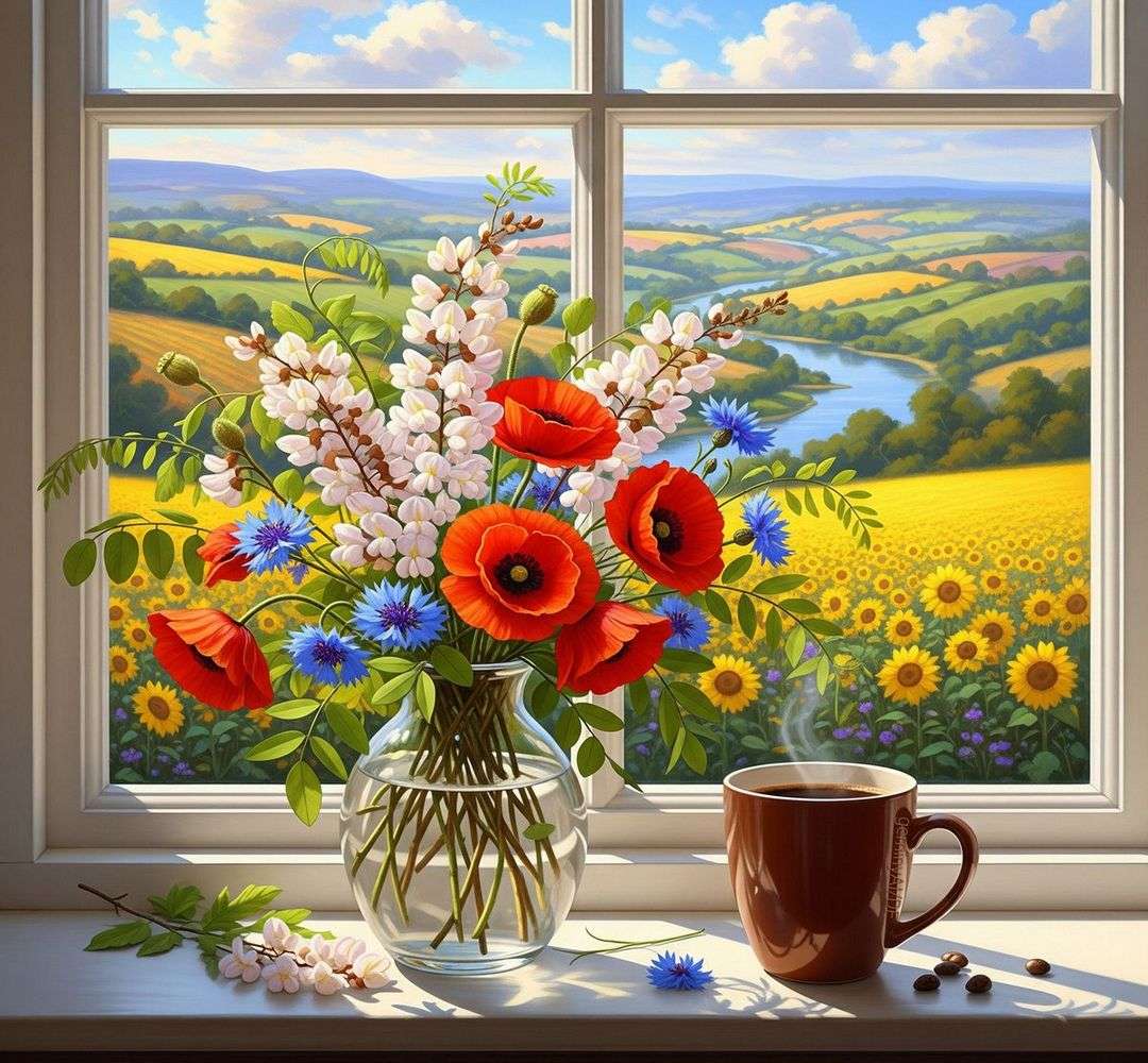 Ochtendkoffie met de geur van veldbloemen legpuzzel online