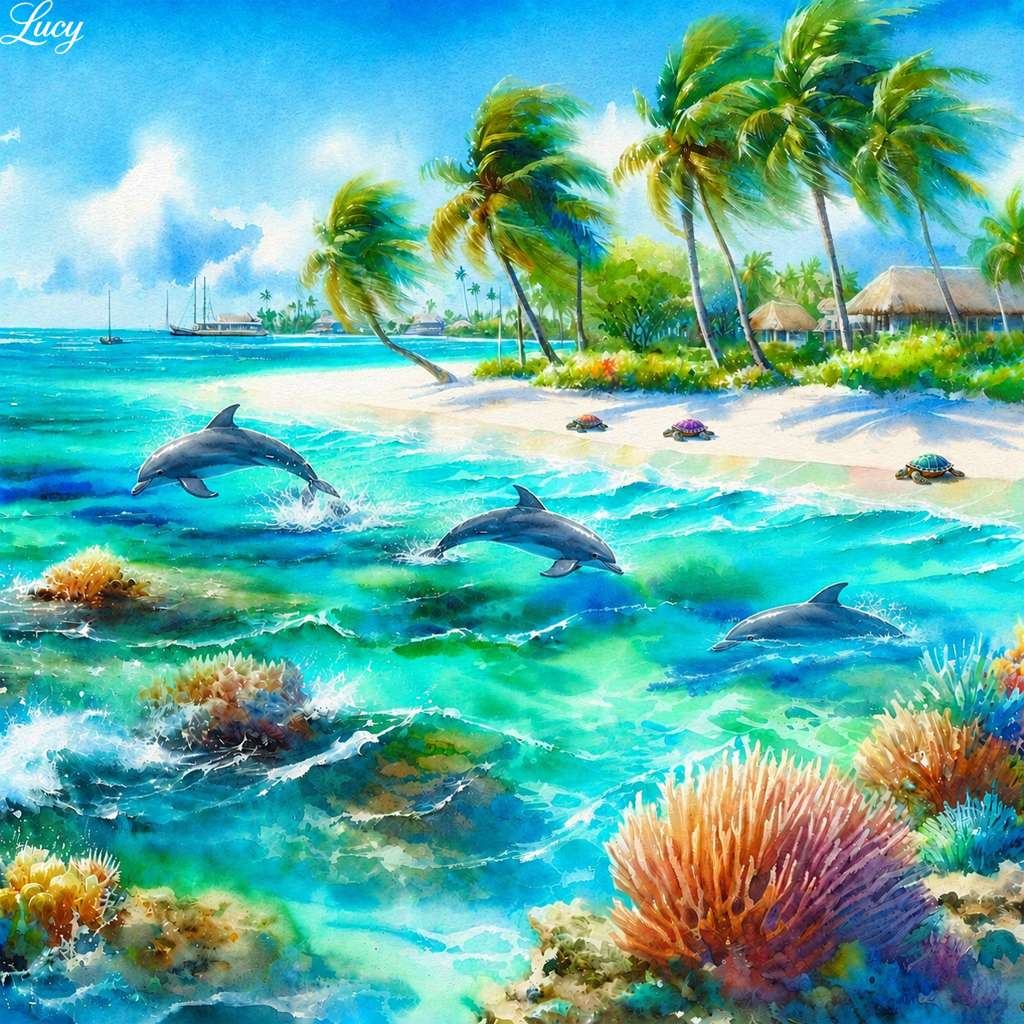 Paradis tropical cu delfini și țestoase puzzle online
