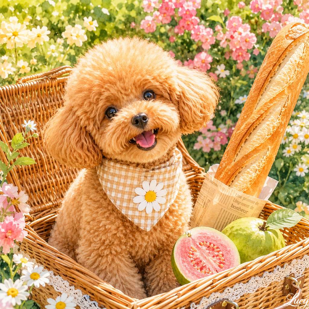 Pique-nique de printemps ensoleillé avec caniche heureux puzzle en ligne