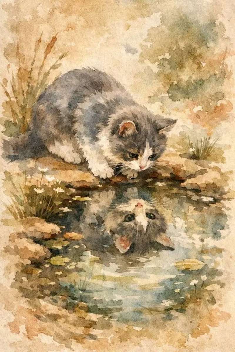il gattino guarda il suo riflesso nell'acqua puzzle online