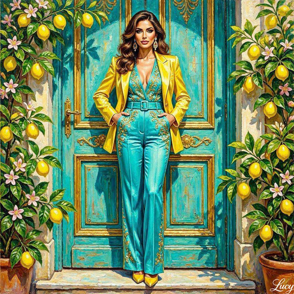 Elegant woman in turquoise tailored jumpsuit online puzzle