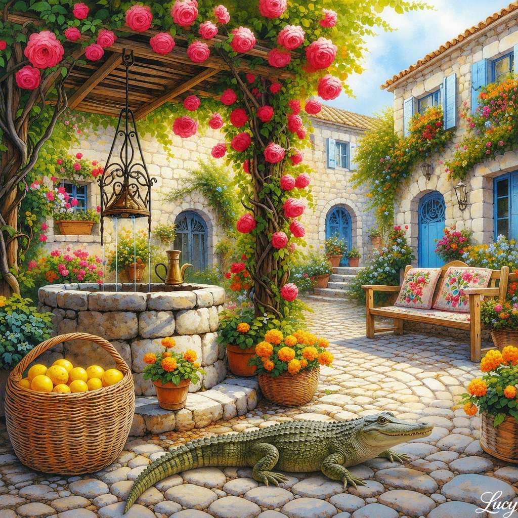 Charming Mediterranean courtyard with flowers online puzzle