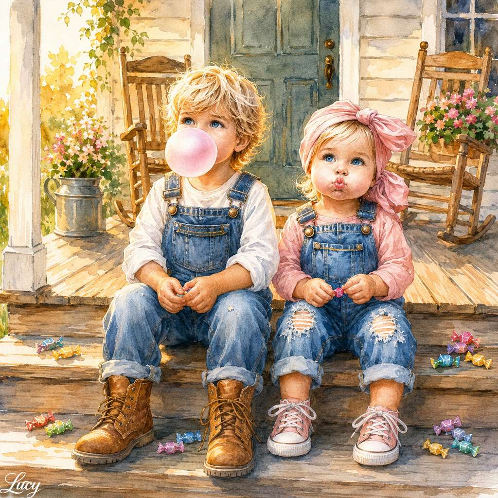 Children enjoying candy on the porch online puzzle