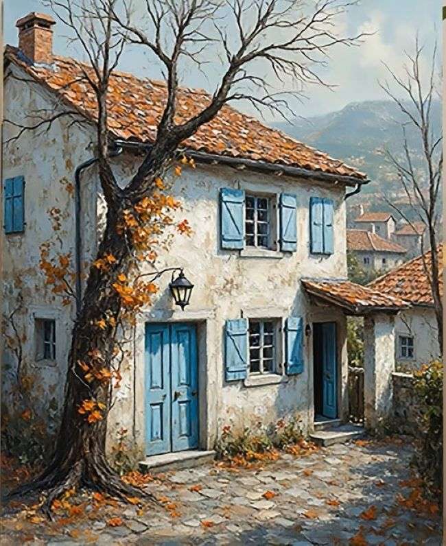 Une maison avec des volets bleus puzzle en ligne