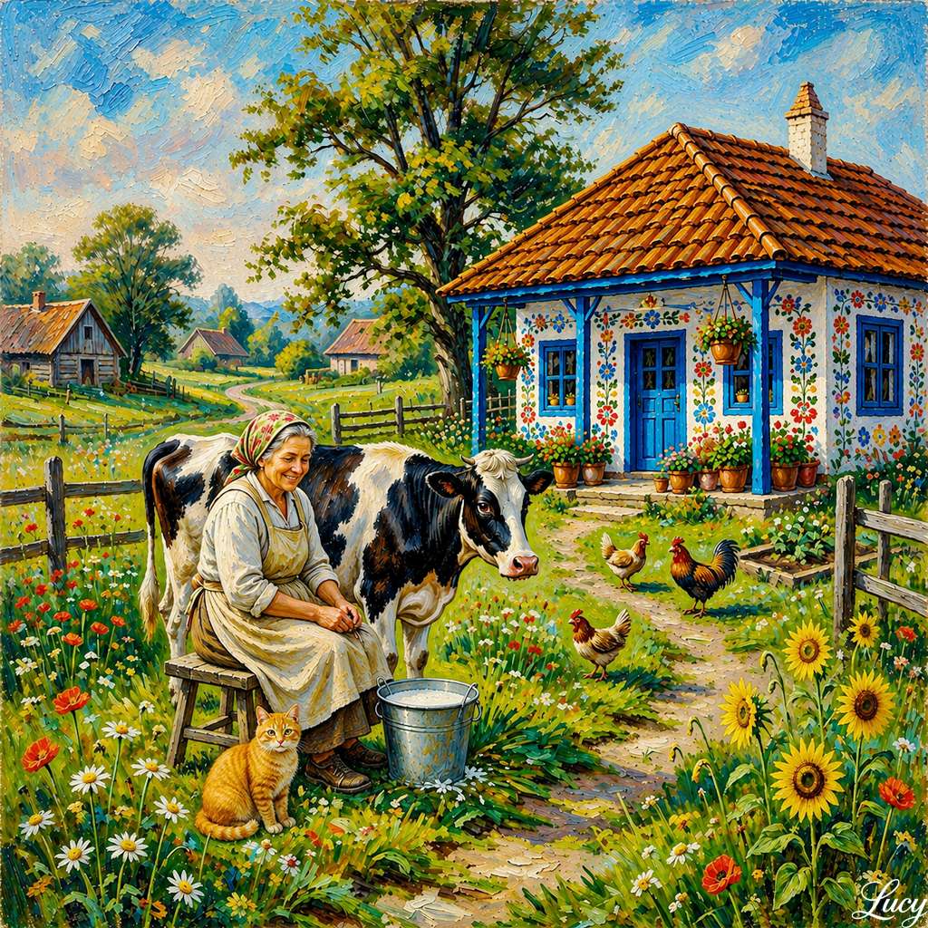 Dojenie krowy na kwitnącej łące puzzle online