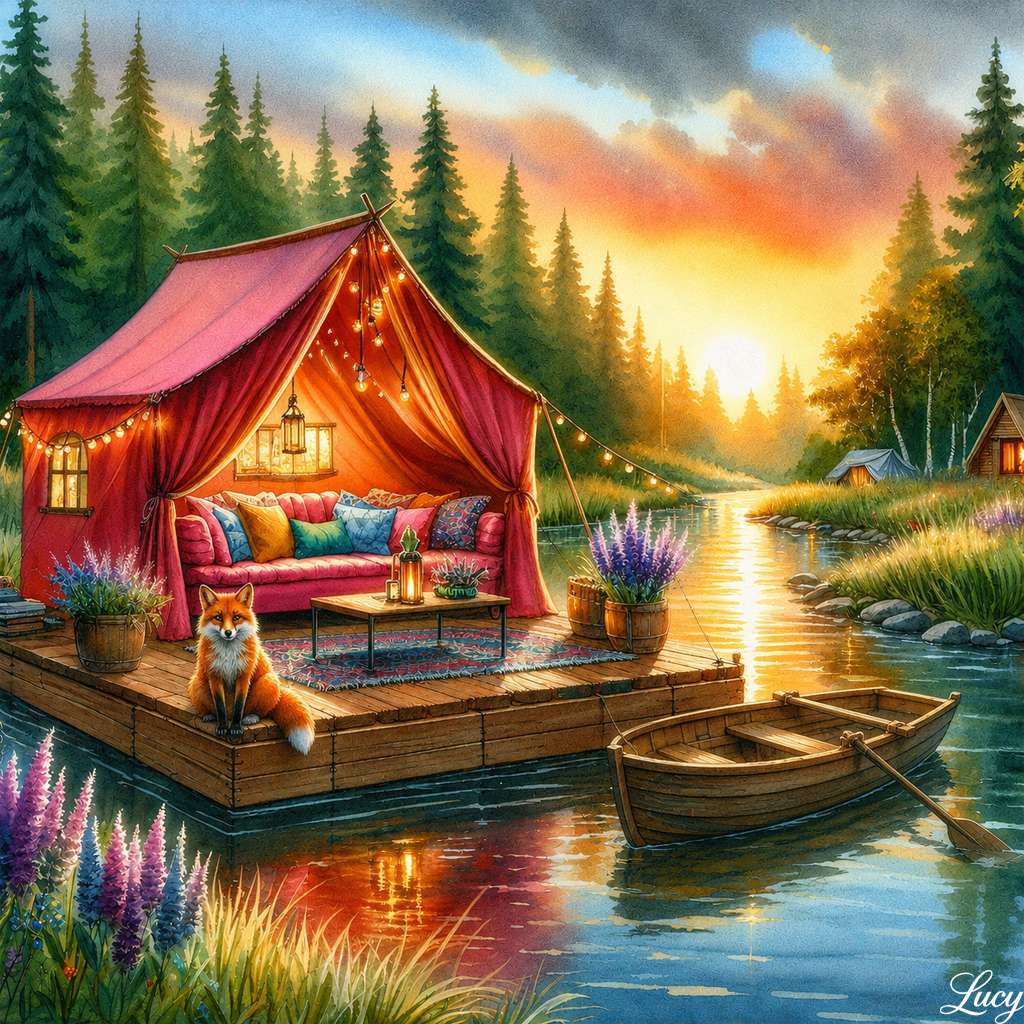 Spokojny glamping nad jeziorem o zachodzie słońca puzzle online