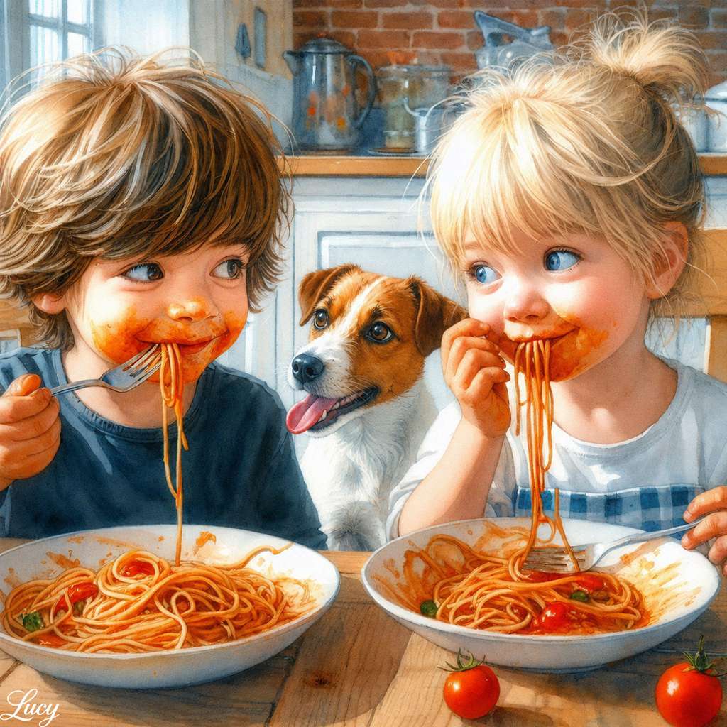 Cena a base di spaghetti in una cucina accogliente puzzle online