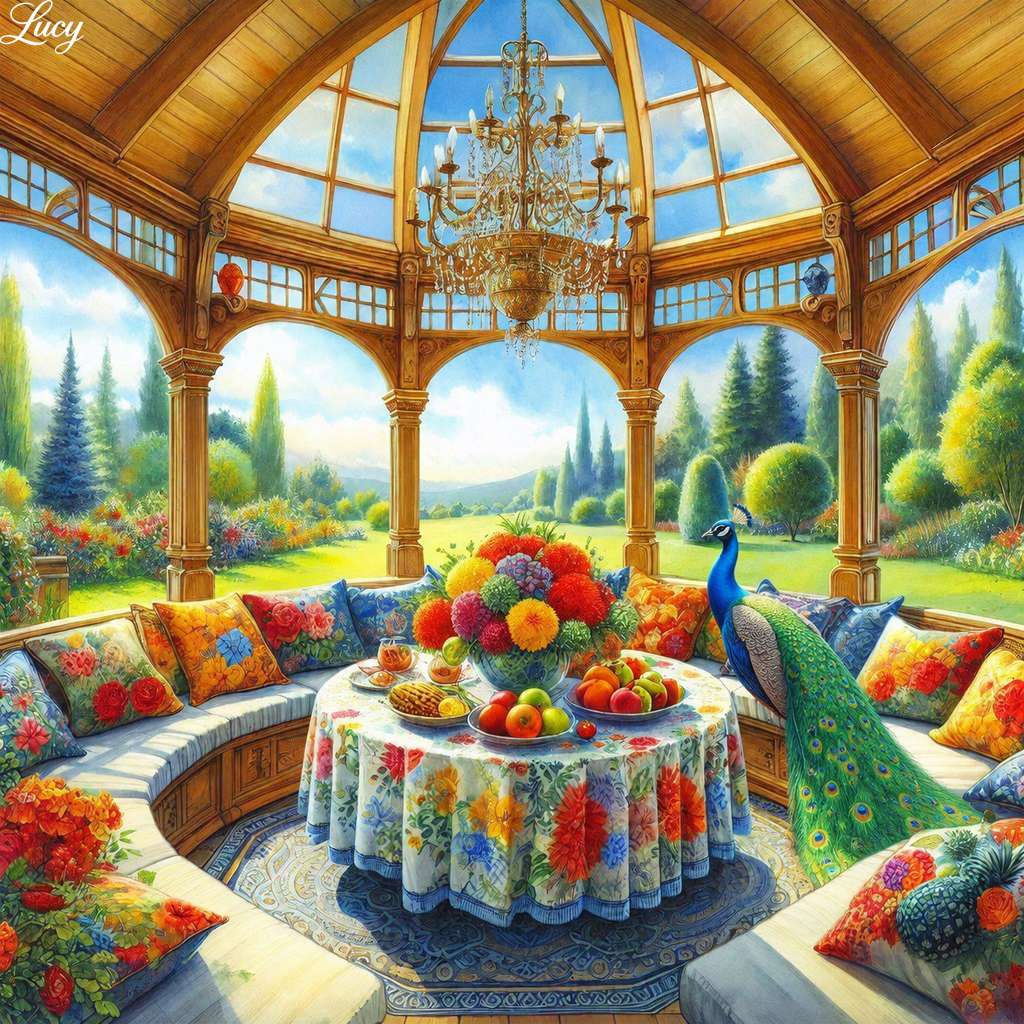 Gazebo illuminato dal sole con vivaci decorazioni floreali puzzle online
