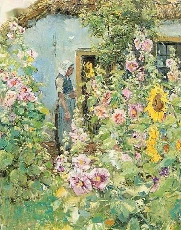 lantgård med stockrosor Pussel online