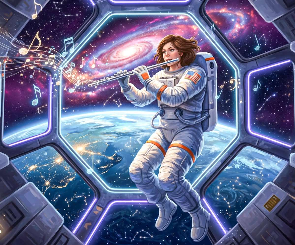 Astronauta grający na flecie w kosmosie puzzle online