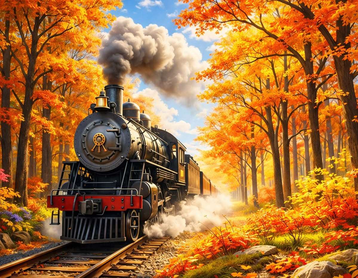 Pociąg jadący przez jesienny las puzzle online