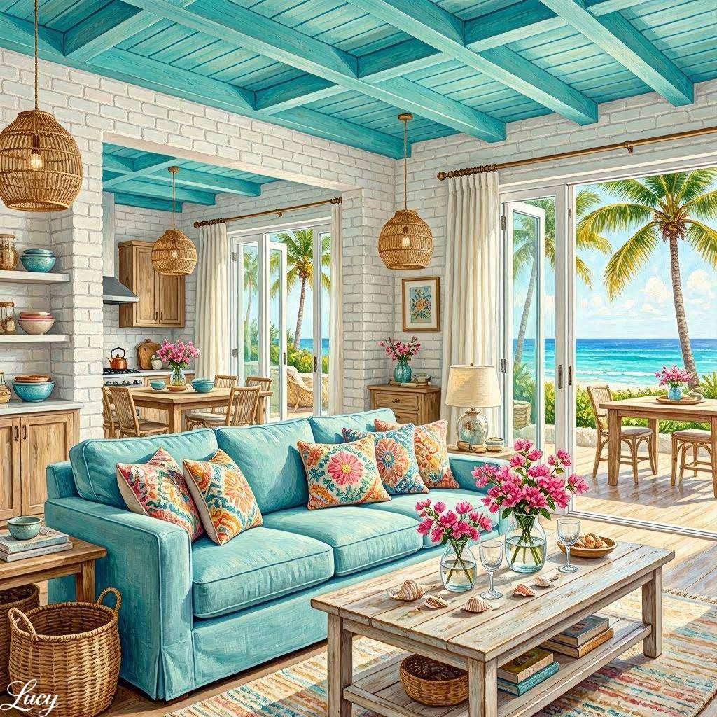 Jasny tropikalny salon przybrzeżny puzzle online