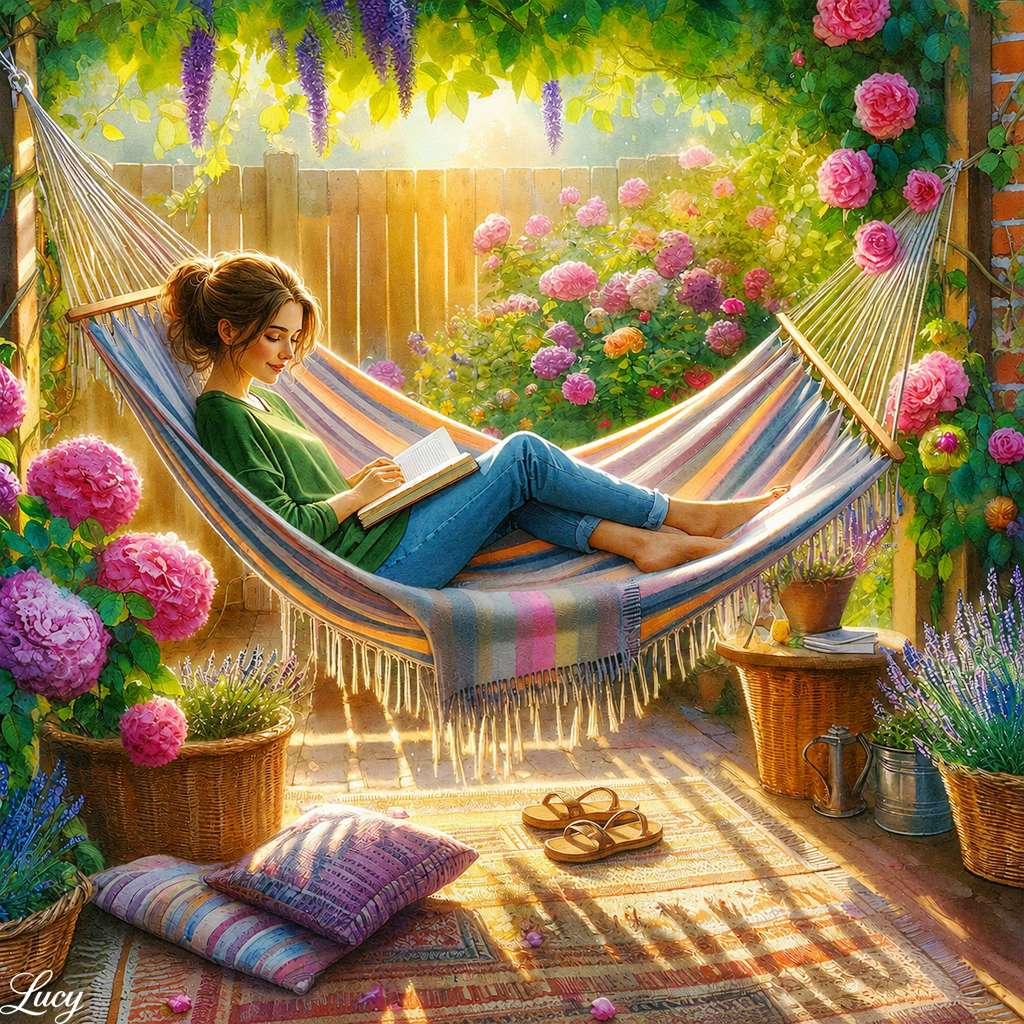 Sonnendurchflutete Leseecke im Garten Puzzlespiel online
