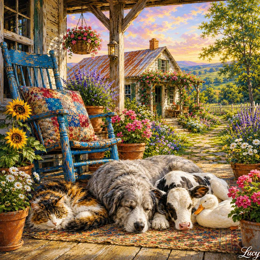 Gemütliche Veranda eines Bauernhauses bei Sonnenuntergang Puzzlespiel online