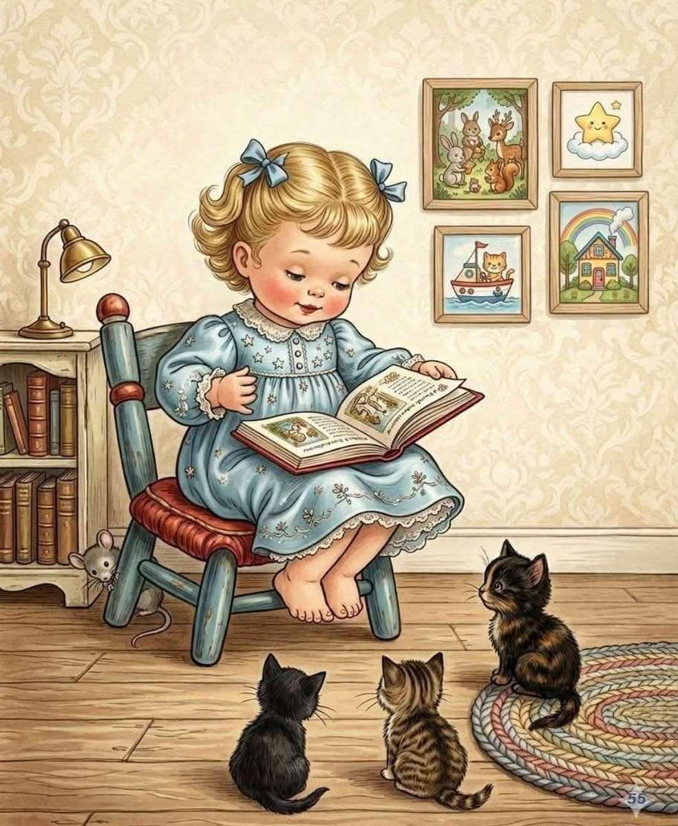 Klein meisje leest voor aan haar kittens legpuzzel online