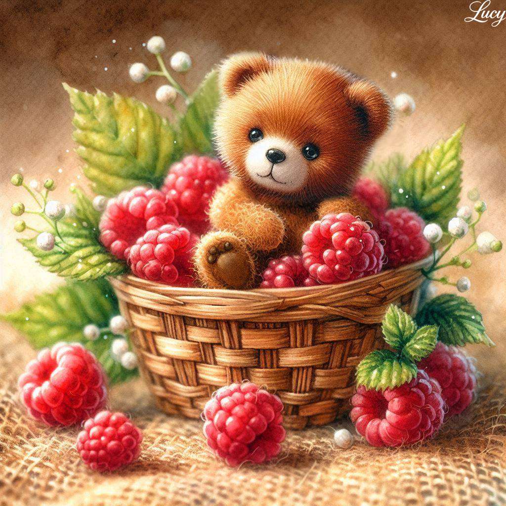 Holzkorb gefüllt mit frischen roten Himbeeren Puzzlespiel online