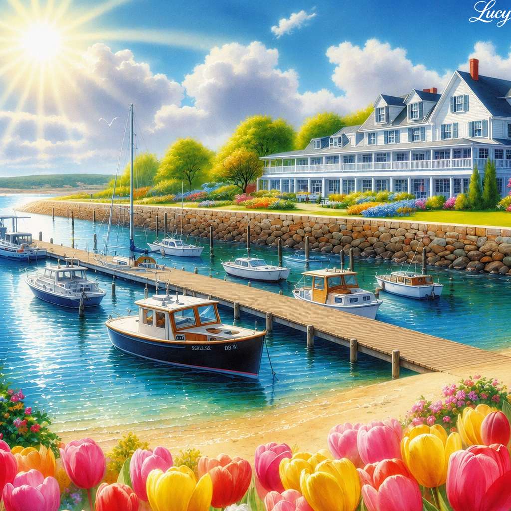 Port idilic de coastă cu grădini înflorite puzzle online
