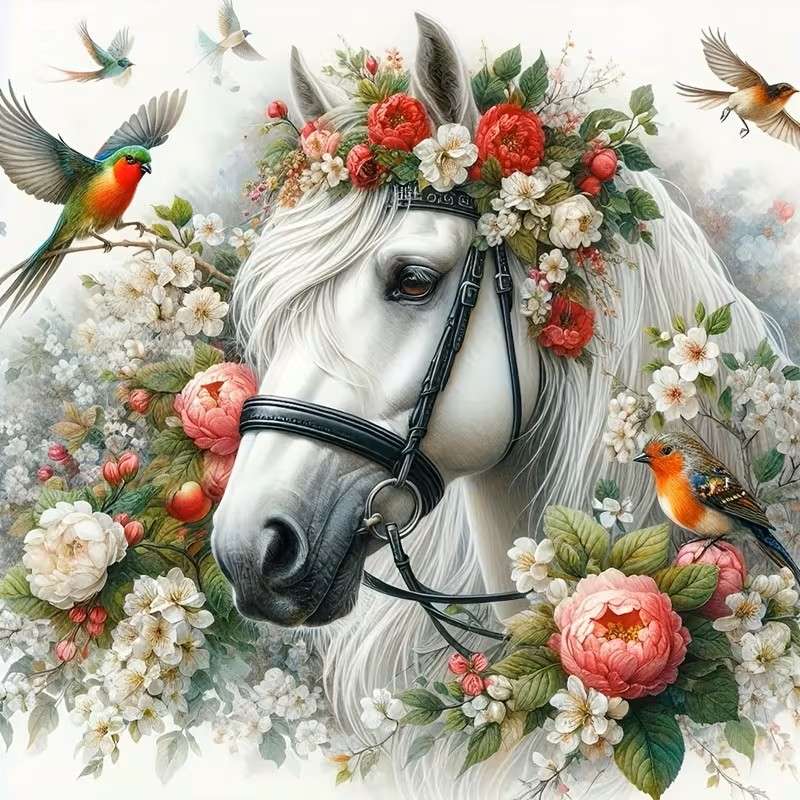 weißes Pferd in Blumen Online-Puzzle