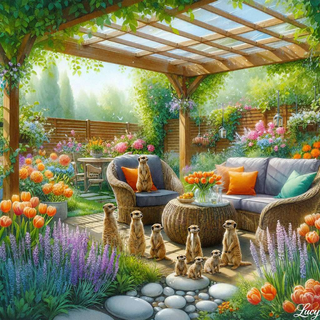 Suricatos em um pátio ensolarado com jardim puzzle online