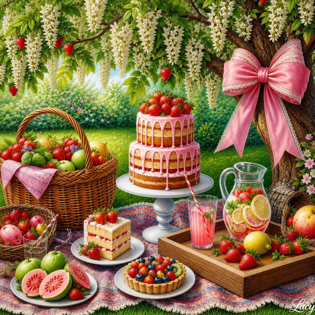 Piquenique romântico de morango em jardim exuberante puzzle online