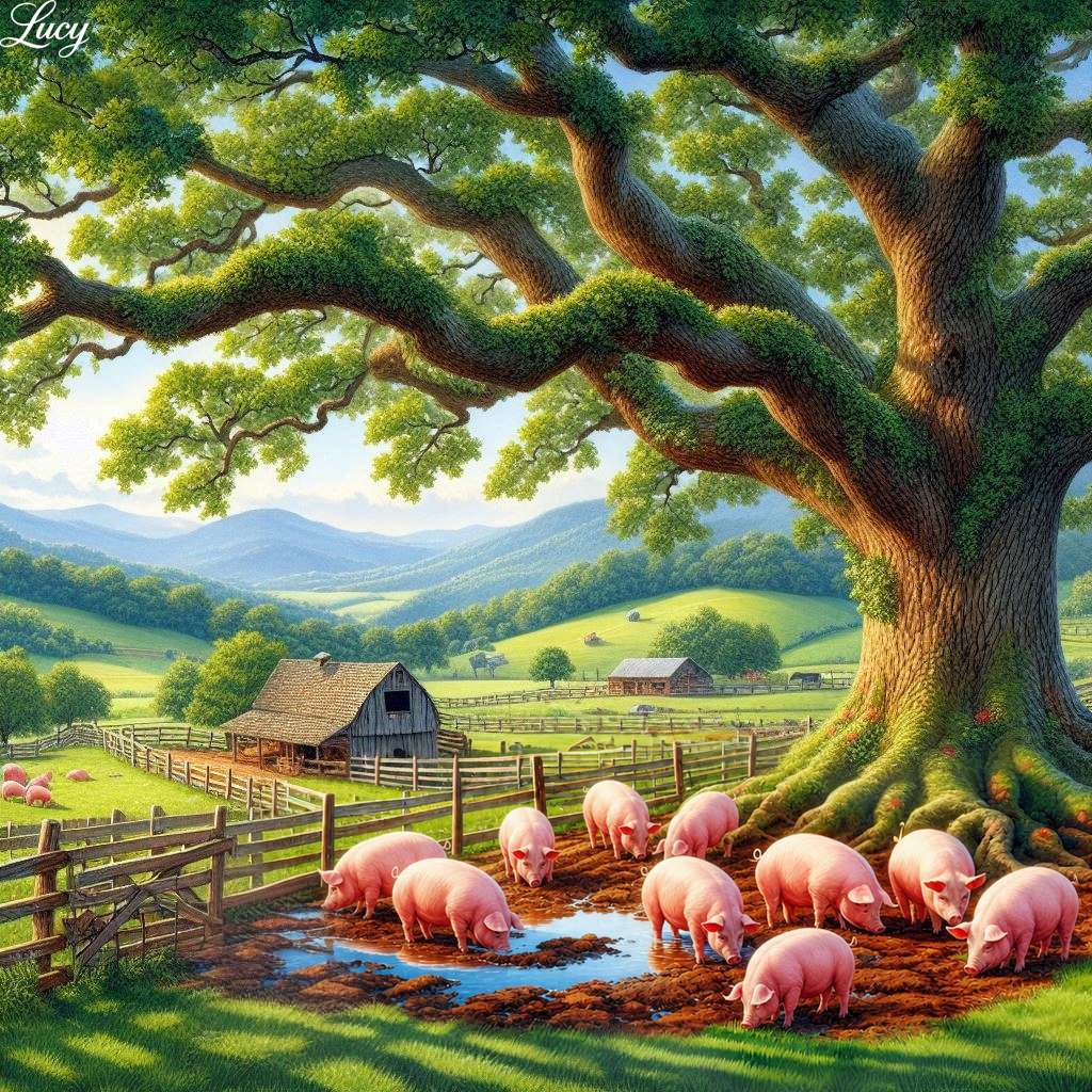 Tranquil farm valley with playful pigs online puzzle