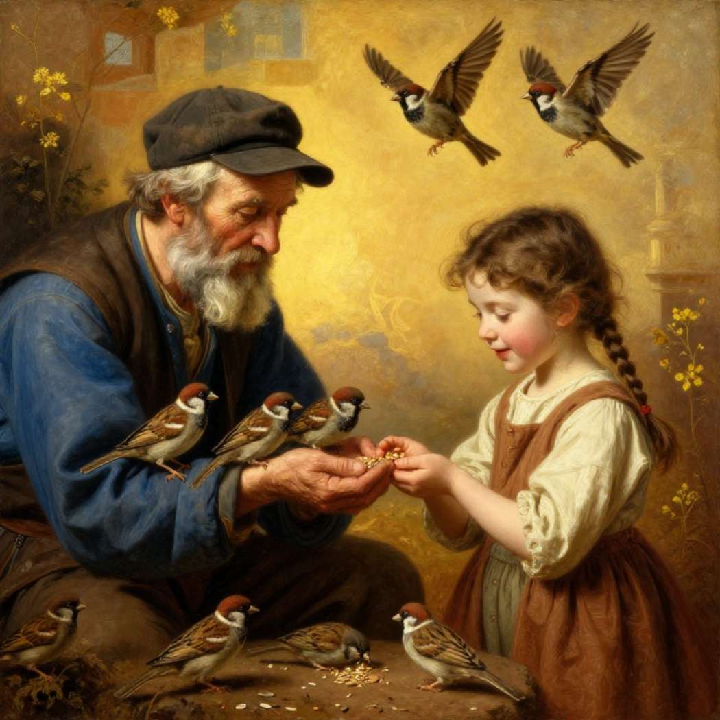 Grandfather and granddaughter feeding sparrows jigsaw puzzle online