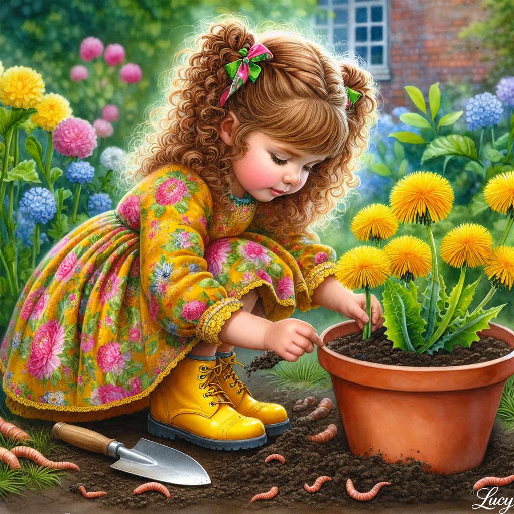 Kleiner Gärtner in bunter Blüte Online-Puzzle