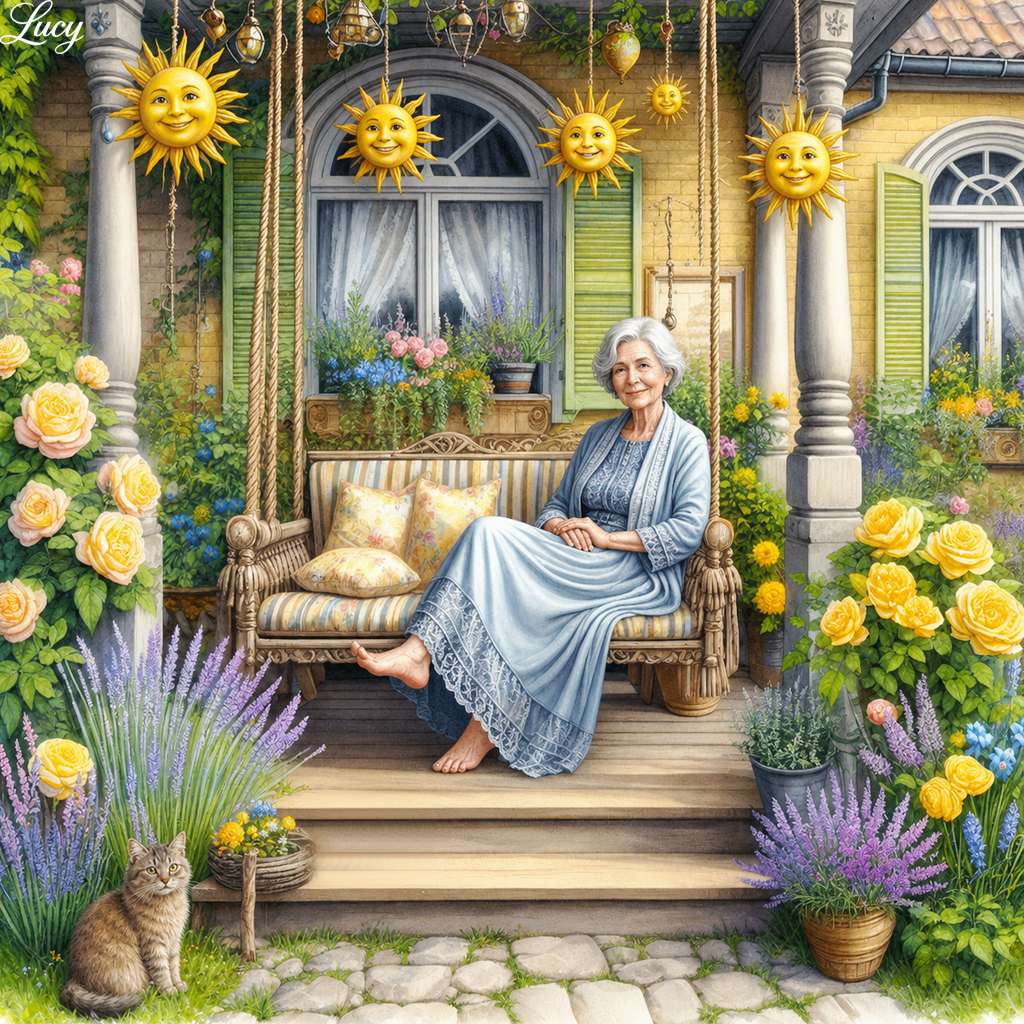 Portico da giardino soleggiato con altalena tranquilla puzzle online