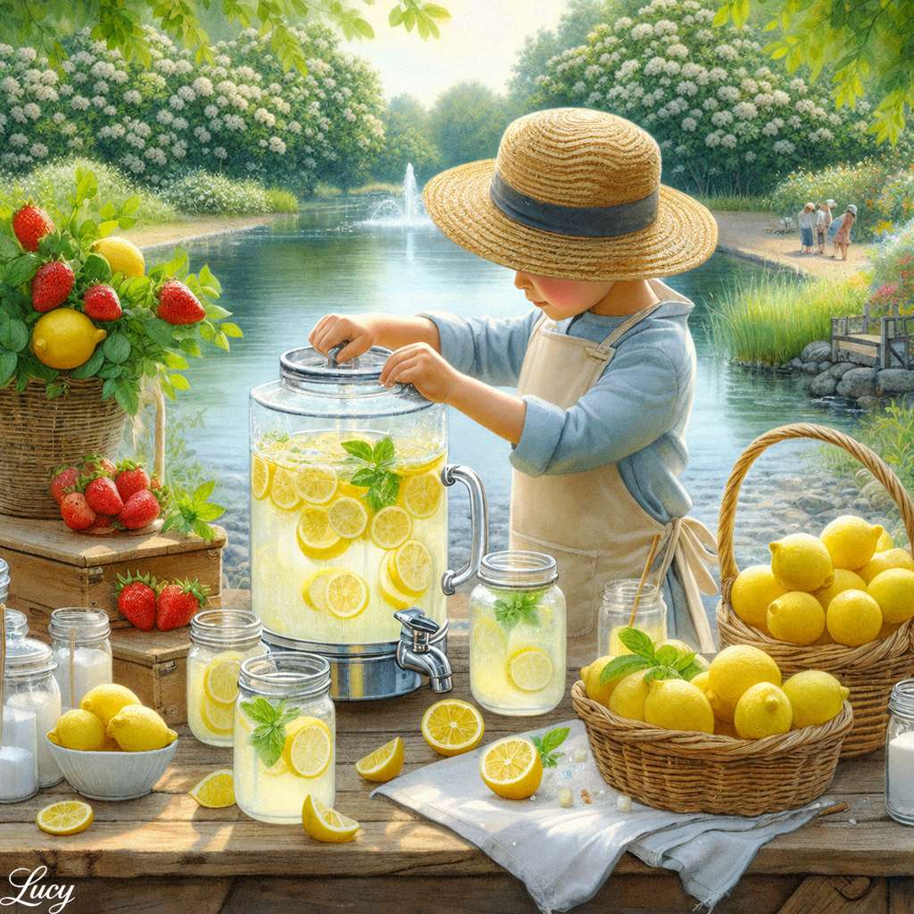 Puesto de limonada refrescante junto al estanque rompecabezas en línea