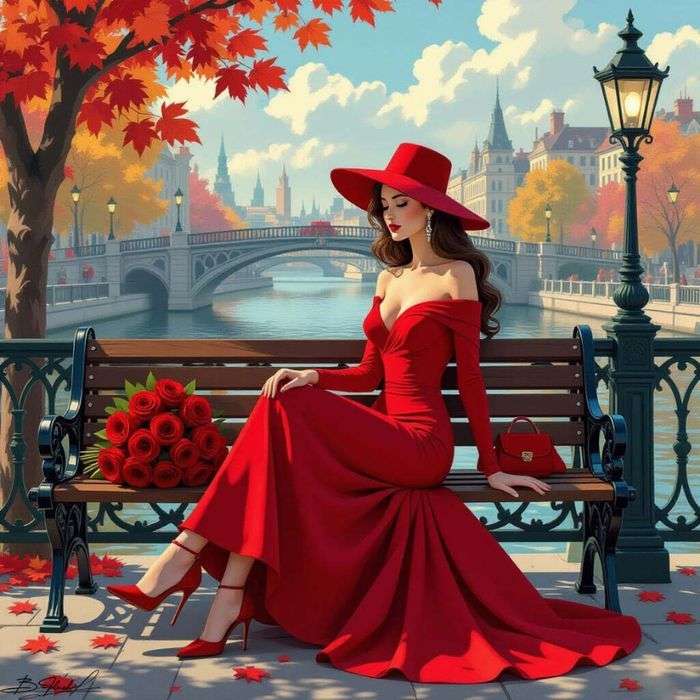 An elegant woman in a red dress jigsaw puzzle online