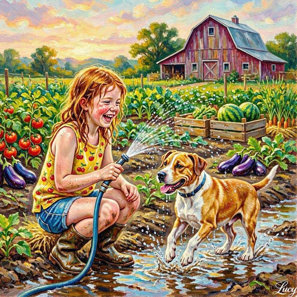 Mädchen kauert in einem schlammigen Gemüsegarten Puzzlespiel online