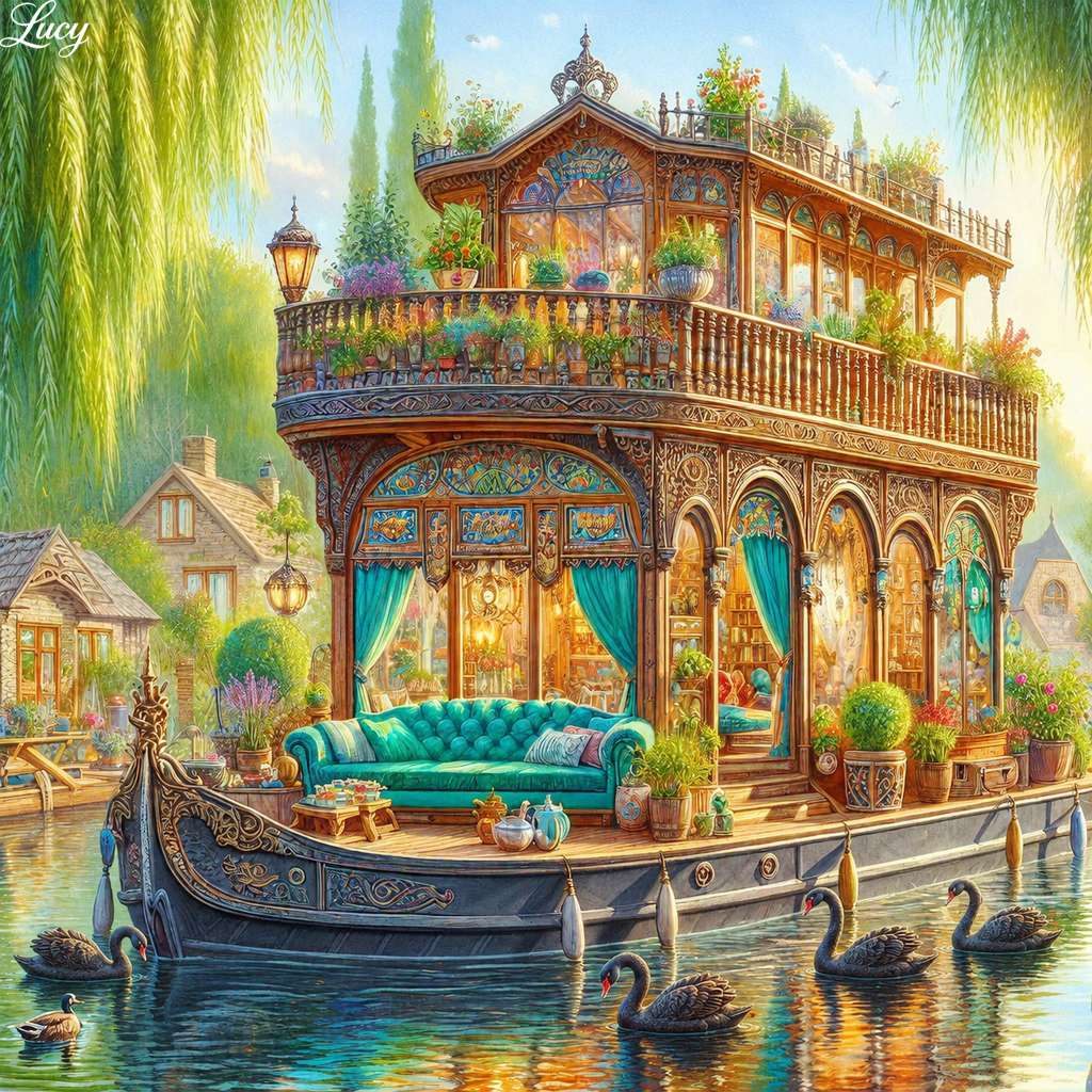 Ruhiges Hausboot am Flussufer mit Schwänen Online-Puzzle