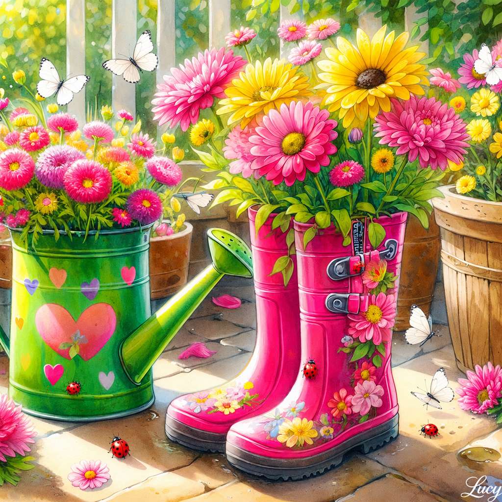 Sonniger Garten mit rosa Stiefeln und Blüten Puzzlespiel online