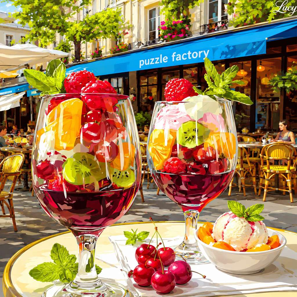 Sonnige Café-Desserts mit lebendigen Früchten Online-Puzzle