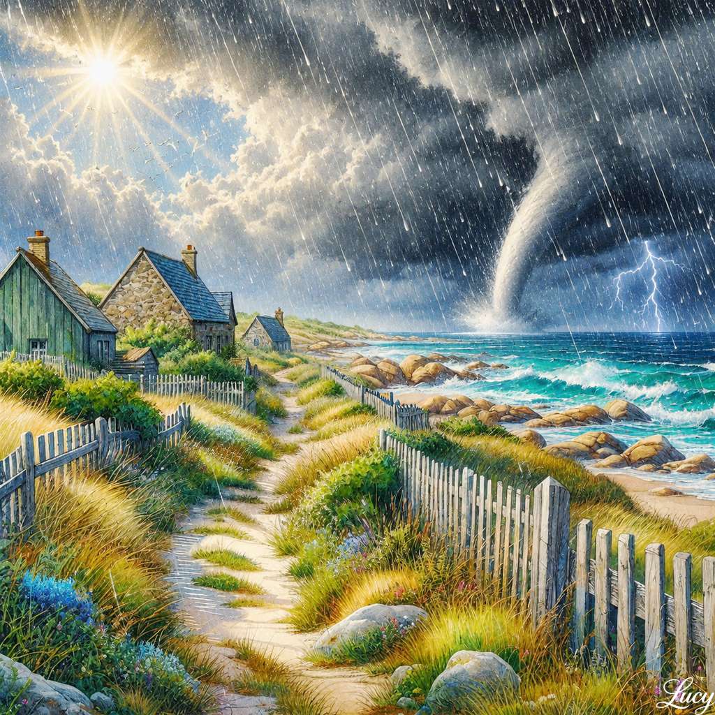 Stürmisches Küstendorf mit Sonnenlichtpause Online-Puzzle