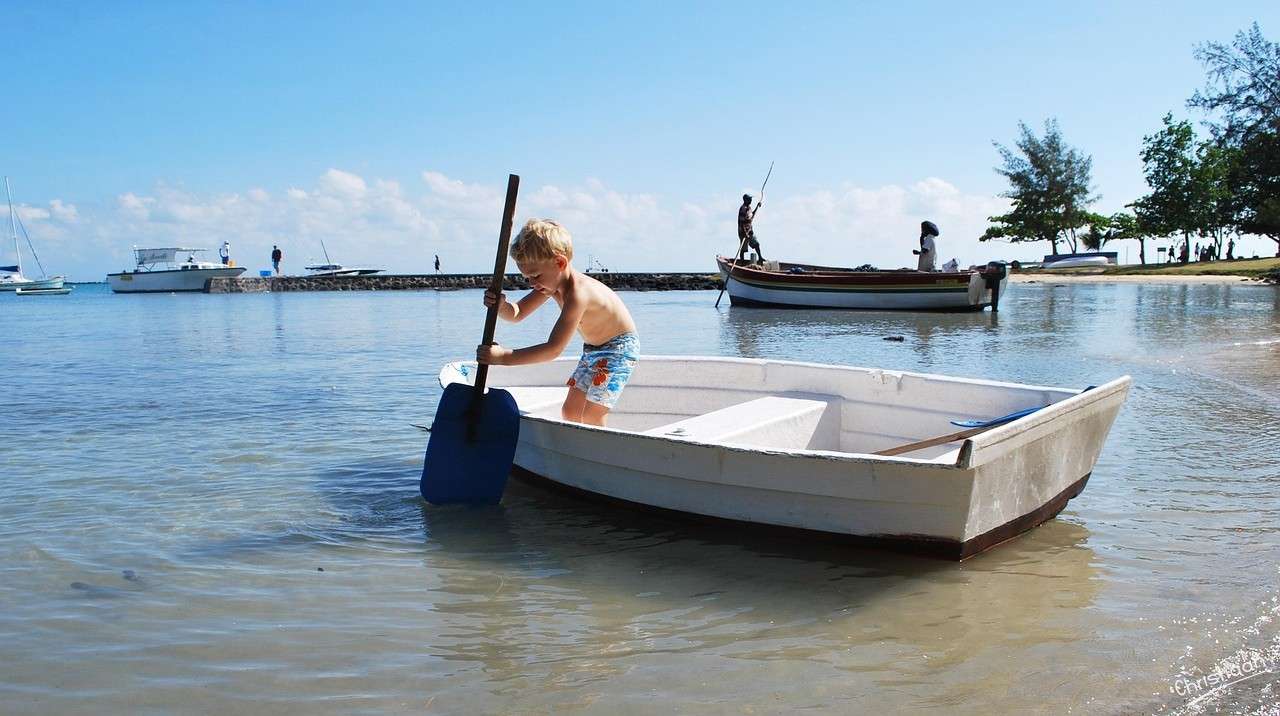 Criança, Remo, Barco, Mar. quebra-cabeças online