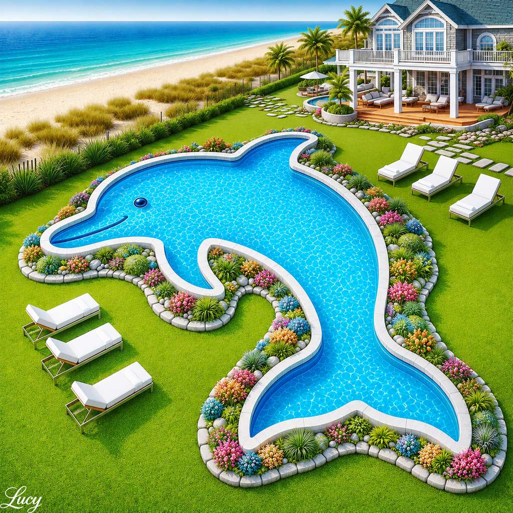 Dolphin-shaped pool in coastal paradise online puzzle