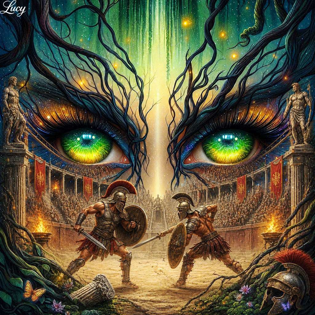 Epic gladiator battle beneath cosmic gaze jigsaw puzzle online