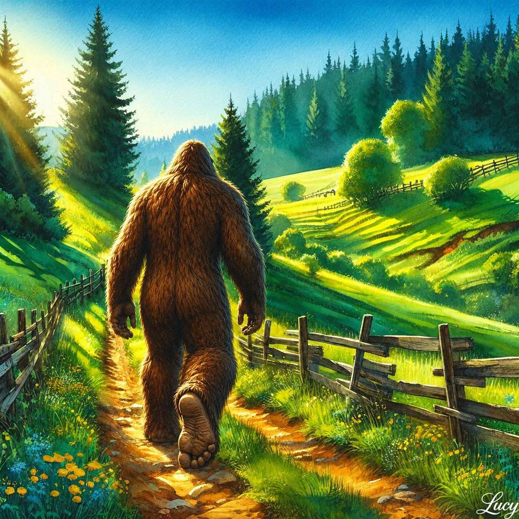 Bigfoot walking through morning countryside online puzzle