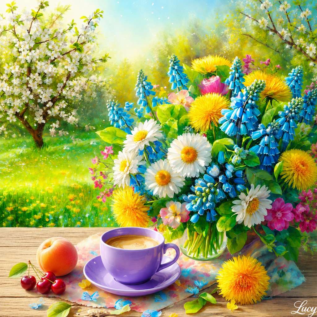 Sonniges Gartenstillleben mit Blumen Online-Puzzle