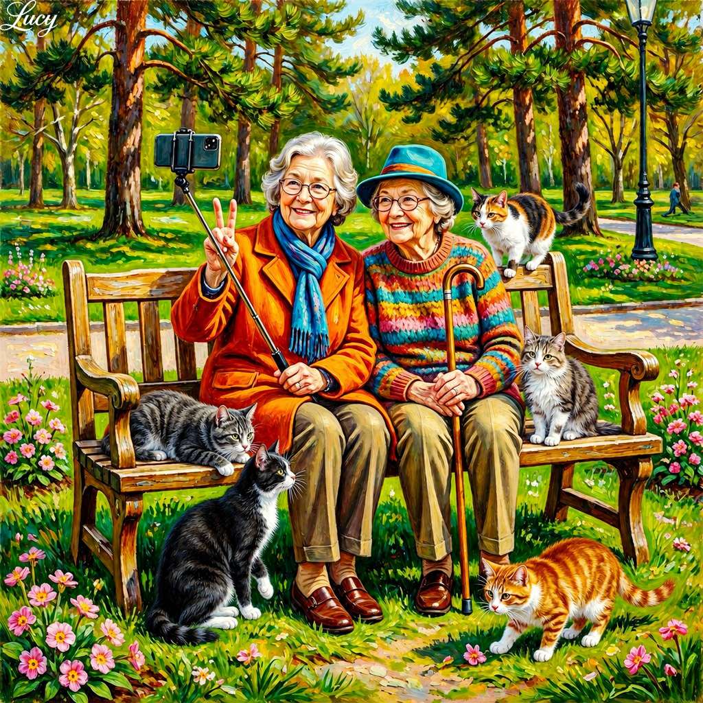 Selfie z kotami w parku puzzle online